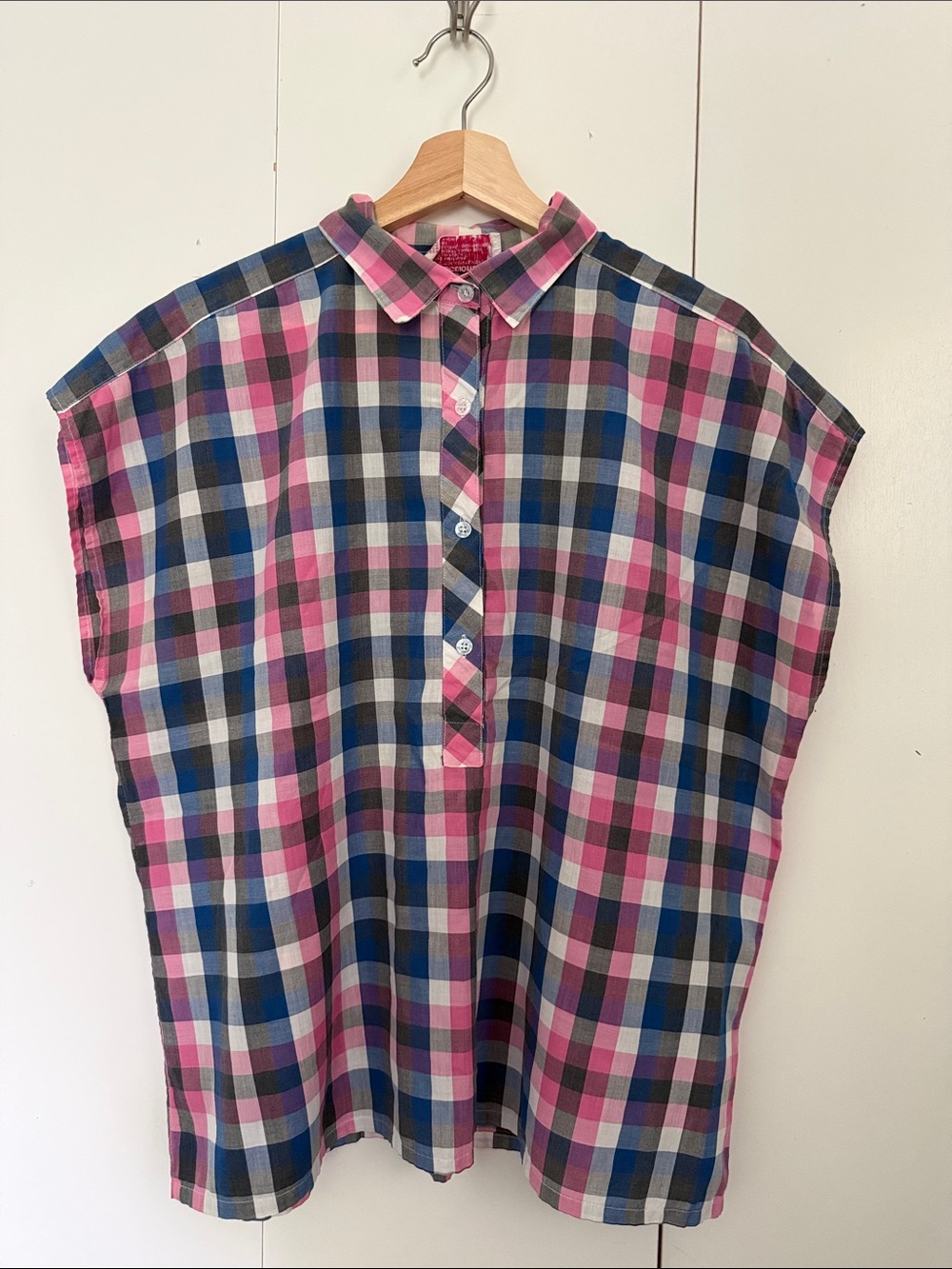 Vintage 80s Madras Style Pink, Blue and Gray Plaid Cap-Sleeve Button-Down Top XL